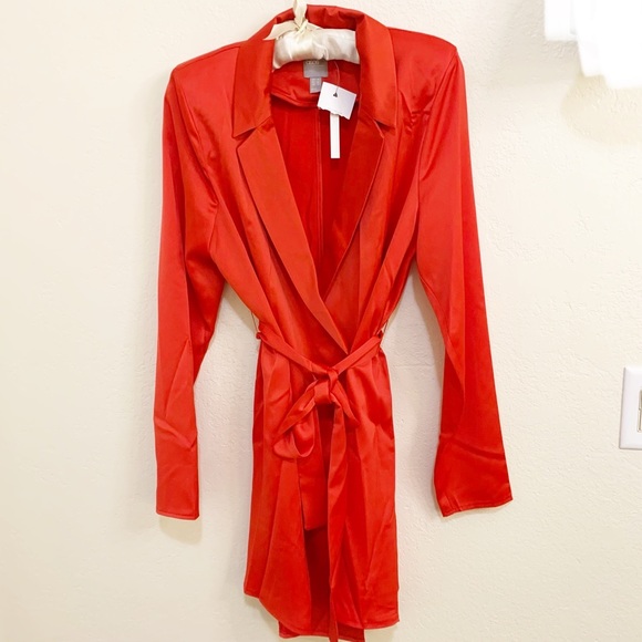 ASOS RED SATIN NOTCH COLLAR LONG BELTED BLAZER